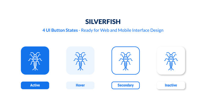 silverfish UI button states set. Outline icon kit from animals collection. Thin linear silverfish, pest, mosquito editable vector. Line vector silverfish sign for web and mobile interface