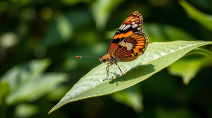 Obraz premium Orange and black butterfly resting on a bright green leaf in sunlight