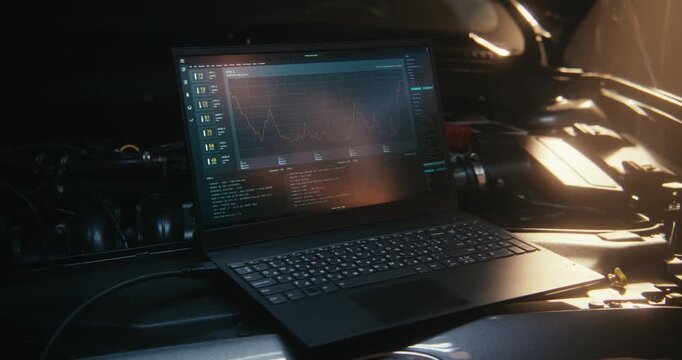Laptop Screen, Positioned Right Next Car Engine, Displays Real Time Telemetry, Graphs, Lines System Code. Interface Shows Engine Performance Metrics, Fault Code Scanning, Digital System Monitoring.