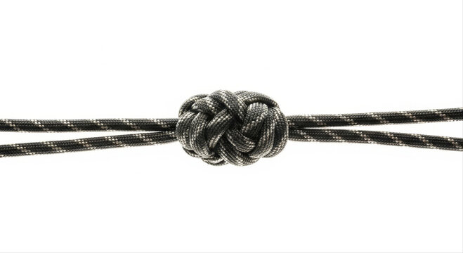 Intricately knotted paracord rope on a white isolated background showcasing detailed texture and craftsmanship