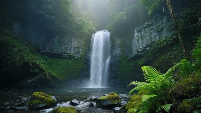 Majestic waterfall cascading in lush green forest with sunlight rays and misty atmosphere