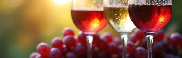 Naklejka premium Three wine glasses with red white rose wine stand on table with grapes. Sunset light illuminates beverage in vineyard setting. Refreshing drinks for tasting.