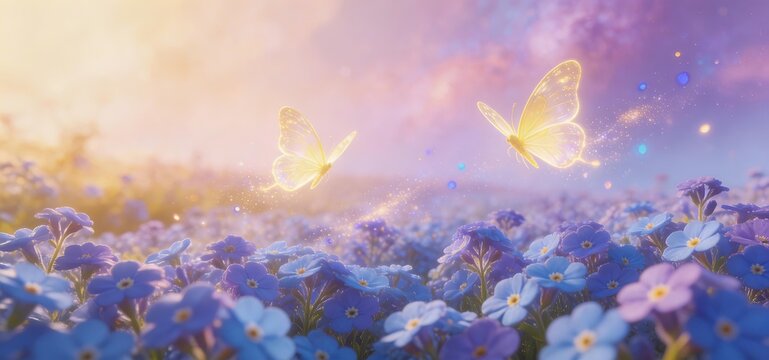 Two golden butterflies flutter over a field of purple forget-me-not flowers bathed in warm, dreamy sunlight, creating a magical, pastoral scene.