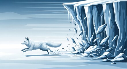 Fototapeta premium White canid sprints away from a collapsing icy cliff face in a frozen landscape
