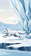 Fototapeta premium White fox leaps across icy chasm in a frozen arctic landscape