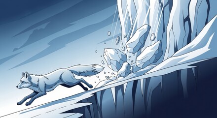 Fototapeta premium Arctic fox rapidly flees from an impending icy avalanche on a frozen precipice