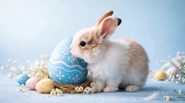 Cute rabbit with decorated egg on pastel background symbolizing easter spring celebration joy