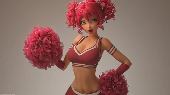 3D Animated Anime Busty Cheerleader Woman in Red White Crop Top Holding Red Pom Poms with Curly Red Twintail Hair Midriff Exposed Big Breast Cleavage on Gray Background for Sports Roleplay