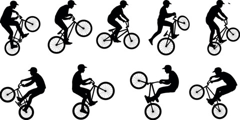 Naklejka premium Set of BMX rider silhouettes performing freestyle tricks and wheelie stunts isolated on light background, extreme cycling sport and urban activity themed black vector illustration