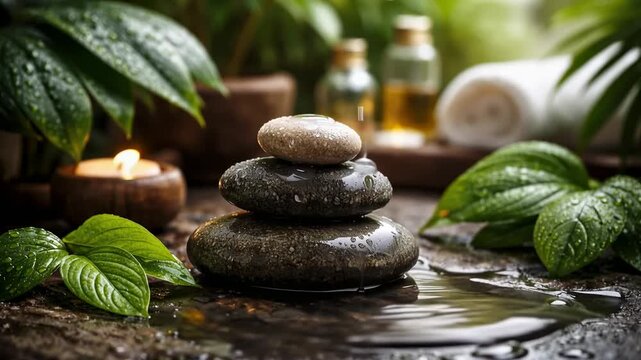 Zen spa stones with green leaves and water creating calm relaxation and wellness ambiance scene zen