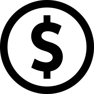 Black dollar sign inside circle, currency symbol, finance icon on transparent background