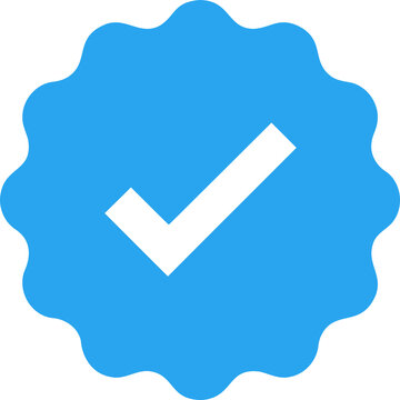 Blue verified badge icon with check mark for social media account profile authentication