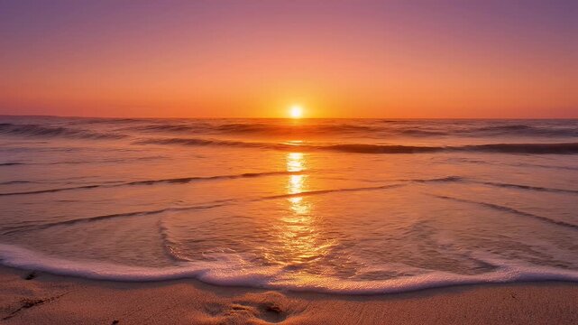 Sun sets over ocean, bathing sandy beach in beautiful orange, pink, purple light