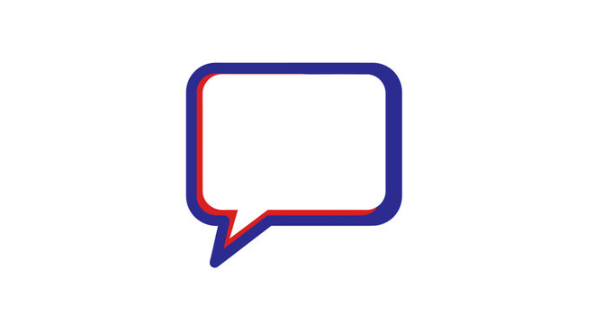 A blue and red outlined speech bubble icon on a white background, with a bold graphic design style and a clean, minimalist composition.