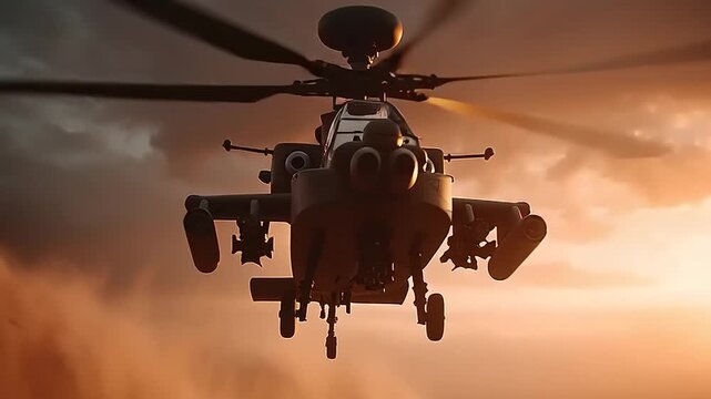 Apache helicopter flying low over dusty desert landscape at sunset