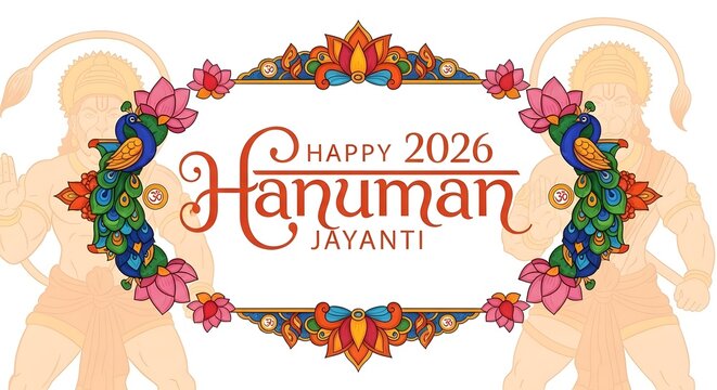 Happy hanuman jayanti 2026 greeting card with decorative floral border and deities