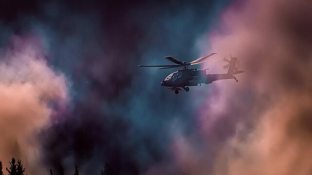 Apache helicopter flying near burning forest with smoke columns rising