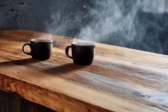 wooden counter with two hot coffees