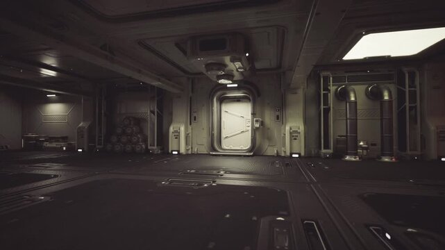 Dark industrial spaceship corridor with puddles. Low ceiling and heavy metal panels, scattered cargo crates and exposed conduits, flickering overhead lights