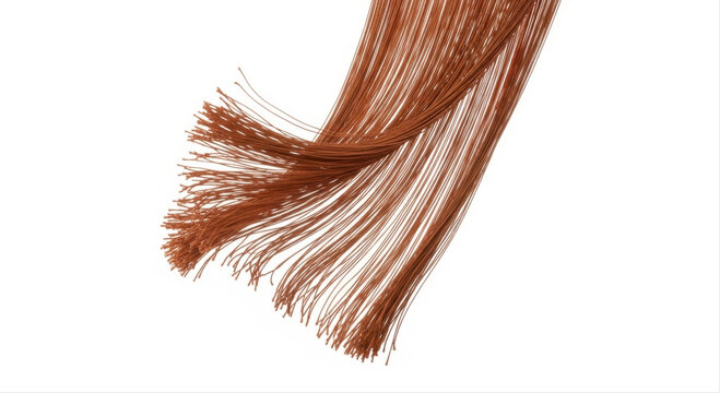 Elegant brown fringe curtain with flowing strands isolated against a clean white background, showcasing intricate texture and graceful movement