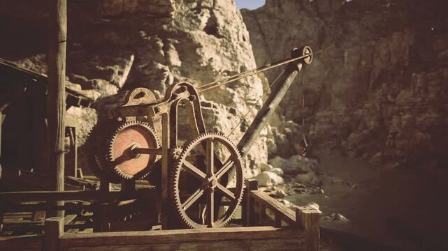 Sunlit wooden winch and wheel on weathered platform, rugged canyon backdrop with warm golden light, frayed rope looped around pulley, rusty gears and timber