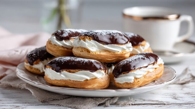 Chocolate eclairs with whipped cream on white plate. Classic delicious French sweet dessert on the table, homemade bakery