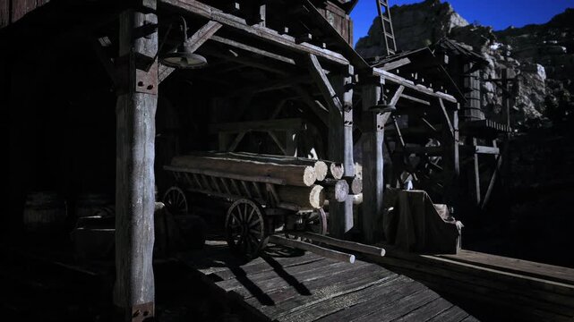 Abandoned wagon wheel on outpost platform at dusk, deep shadowed beams and rugged cliff backdrop, silent wooden architecture and moody horizon, cinematic