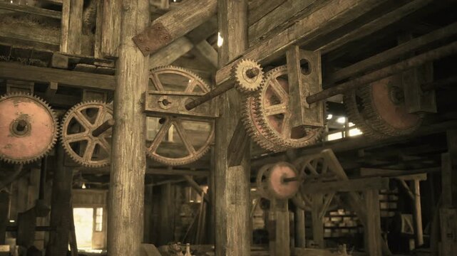 Closeup wooden gear assembly showing intricate interlocked cogs and worn teeth, textured surfaces with grease and abrasion marks, muted lighting emphasizing