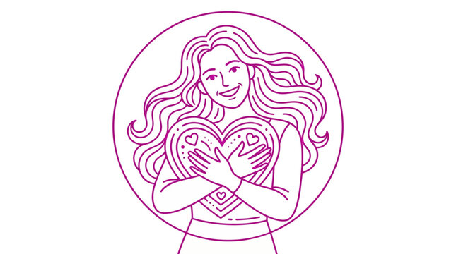 Line art illustration of a smiling woman hugging herself inside a circular frame, symbolizing self-love and body positivity