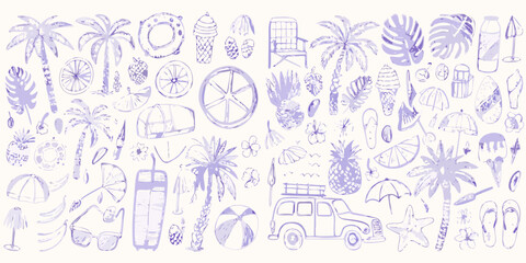 Fototapeta premium A whimsical collection of hand drawn summer and tropical themed illustrations