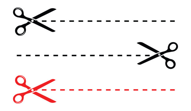 Cut Here Guide with Scissors Icons. Scissor Cut Marks and Dashed Line Set. vector illustration 