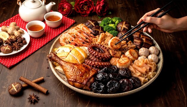 Hand using chopsticks on festive food platter