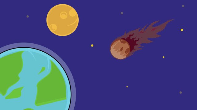 Stylized cartoon depiction of planet earth and a fiery comet traversing deep space