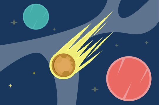 A vibrant, stylized comet or meteoroid with a fiery yellow tail moves swiftly.
