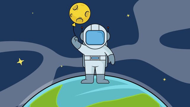 A charming cartoon astronaut stands atop planet Earth, holding a distinctive sad moon balloon.