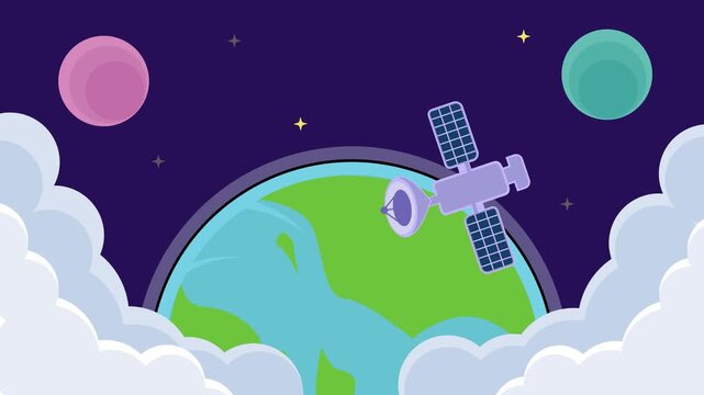 A pixel art satellite with prominent solar panels orbits the vibrant blue and green planet Earth.