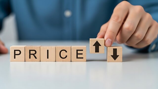 Businessman uses wooden blocks spelling the word price next to upward and downward arrow blocks symbolizing financial adjustments in market strategy for increasing or decreasing costs.