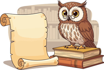 Cute owl sitting on books next to a blank vintage scroll in a library © Gimhana
