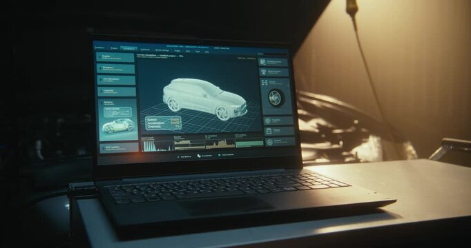 Advanced Electronic Troubleshooting With Laptop Connected to Vehicle ECU. Screen Features Technical Logs and Customization Options For Vehicle Settings. Digital Technician, Electronic Malfunctions.
