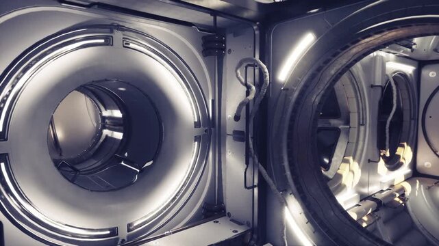 Storage corridor space station cargo module with circular rings, lockers and restraint fixtures, utilitarian layout for payload handling and transit