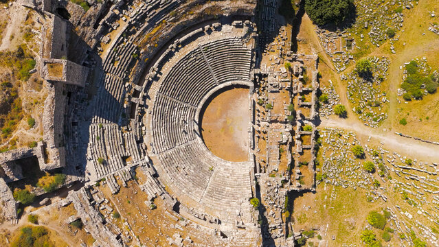 Balat, Turkey. Top down aerial view of Miletus Theatre stage and seating arrangement. Aerial View