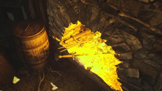Stacked kindling beside warm hearth glow, neat fuel bundles and barrel storage in stonewalled alcove, practical homestead scene evoking survival prep