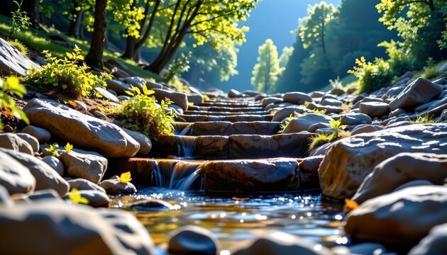 Serene Mountain Stream Cascading Through Lush Greenery