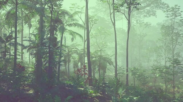 Dense gumtree corridor with diffuse light filtering between trunks, vertical rhythm of trunks and lush understory creating immersive pathway ideal for hiking