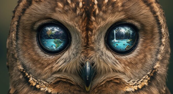 Close up of an owl with detailed feathers and a landscape reflection in the eyes