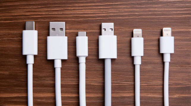 Comparing modern USB and Lightning charging cables on wood background