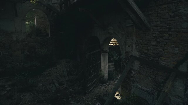 Archaeologist examines ruined chapel interior documenting masonry, carved column bases, deteriorated fresco fragments, measurement tools and careful lighting