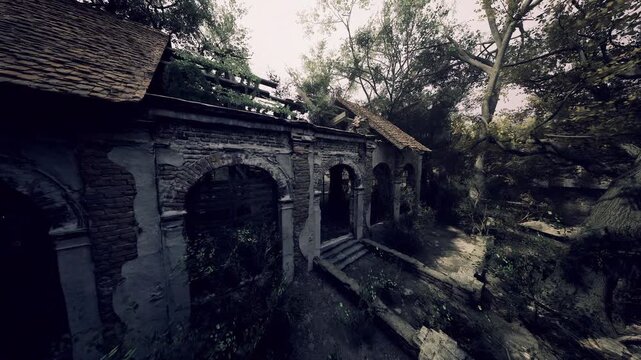 Forest roots and vines overtaking stone arcade, vivid greenery swallows architectural lines, lush canopy filters light, evidence of natures steady reclamation