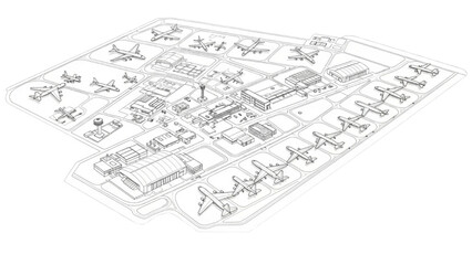 Obraz premium Isometric Airport Master Plan Blueprint – Airbase Layout with Runways, Hangars, Aircraft Parking and Control Tower Technical Drawing