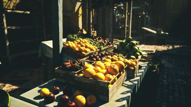 Market corner with stacked produce and sunlit path through souk, assorted crates of citrus and vegetables, textured tiles and wooden posts framing aisle,